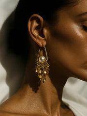 SR Anti Tarnish 18K Gold Coin Cascade with Geometric Drop Design Earrings