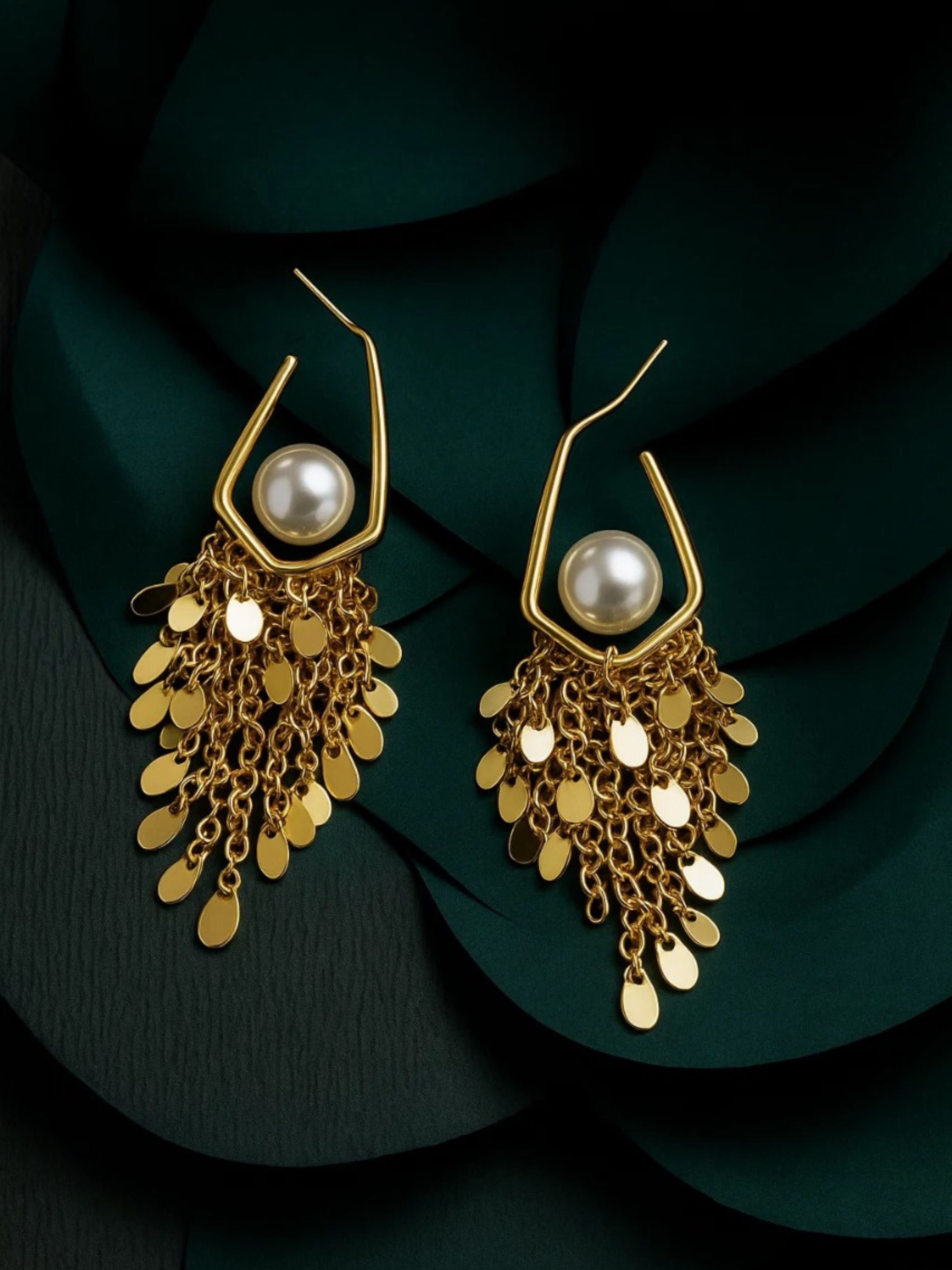 SR Anti Tarnish 18K Gold Coin Cascade with Geometric Drop Design Earrings