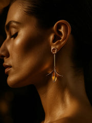 SR Anti Tarnish 18K Gold Linear Leaf Drop Earrings