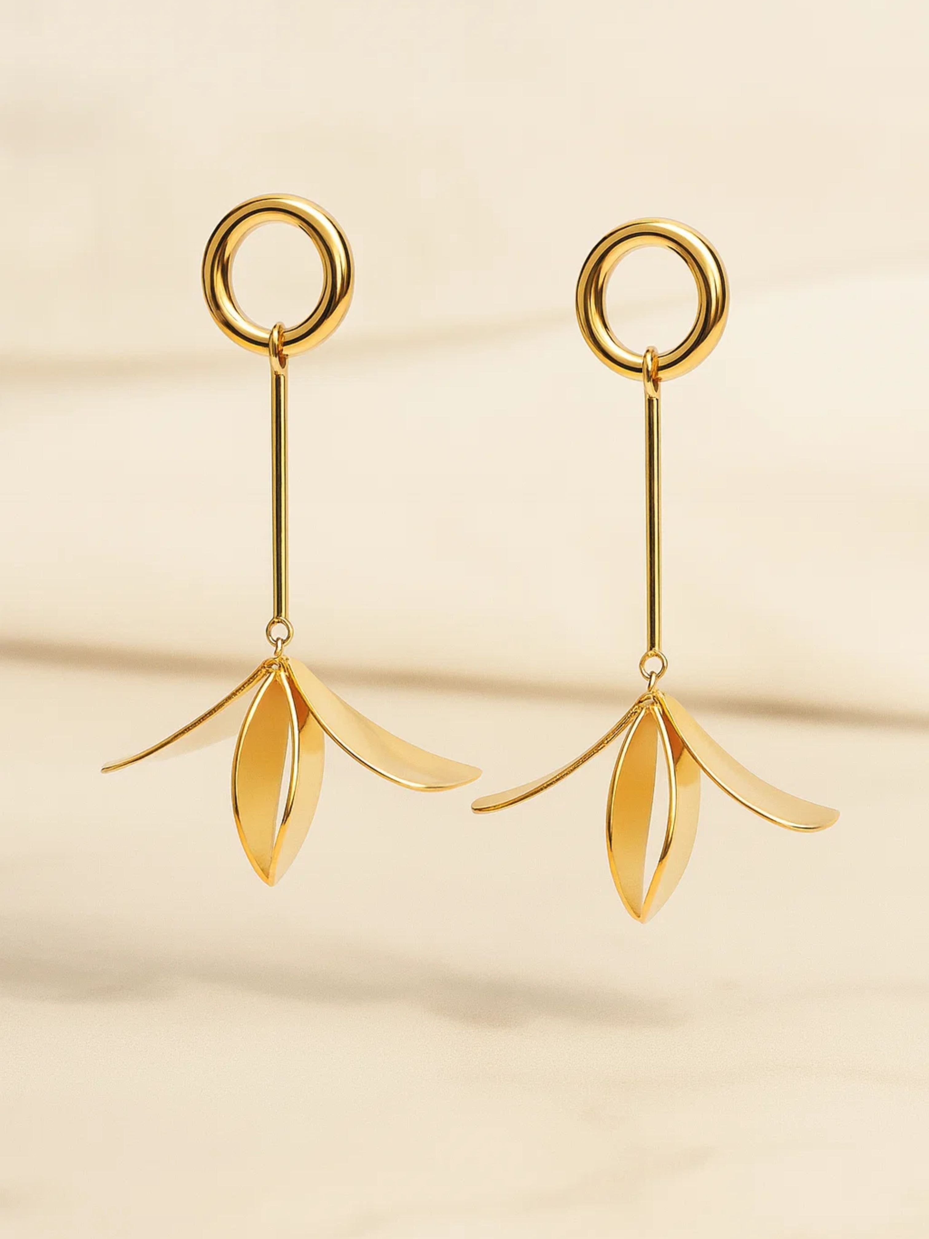 SR Anti Tarnish 18K Gold Linear Leaf Drop Earrings