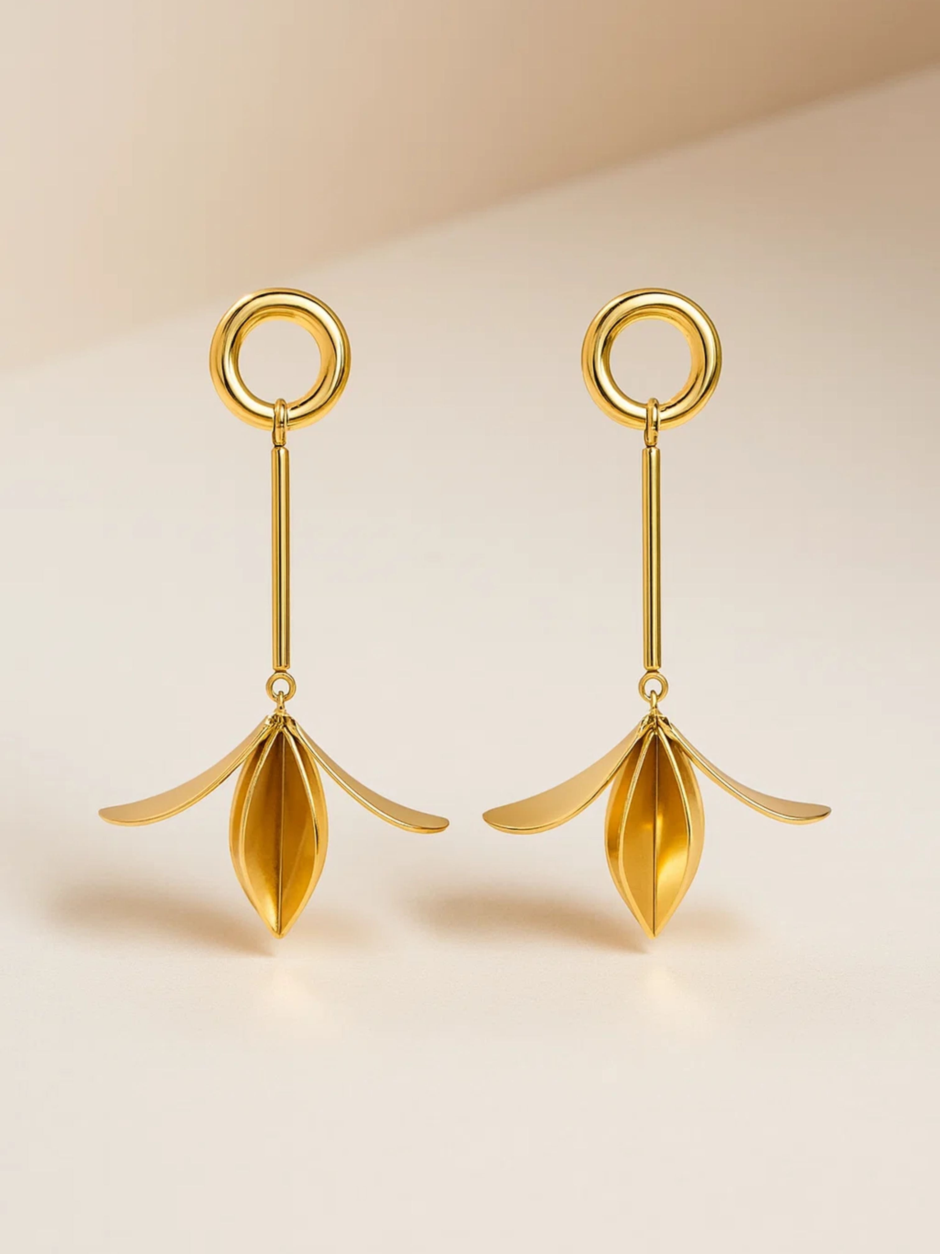 SR Anti Tarnish 18K Gold Linear Leaf Drop Earrings