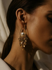 SR Anti Tarnish 18K Gold Coin Cascade with Geometric Drop Design Earrings